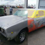 Before and after photos of a vintage car after onsite automotive sandblasting applied