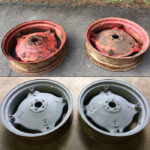 Commercial tire rims before and after collage after the application of industrials sandblasting to remove rust and decay