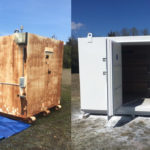 Large commercial refrigerator before and after photos after the application of industrial sandblasting and painting