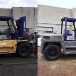 Side by side before and after photos of a large backhoe after industrial sandblasting services