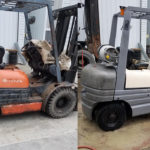 Small backhoe before and after pics after applying industrial sandblasting