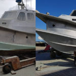 A side by side comparison of a boat after marine sandblasting services removed buildup on the boat
