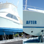 Before and after images of a boat after marine sandblasting services performed by Central Alabama Mobile Sandblasting
