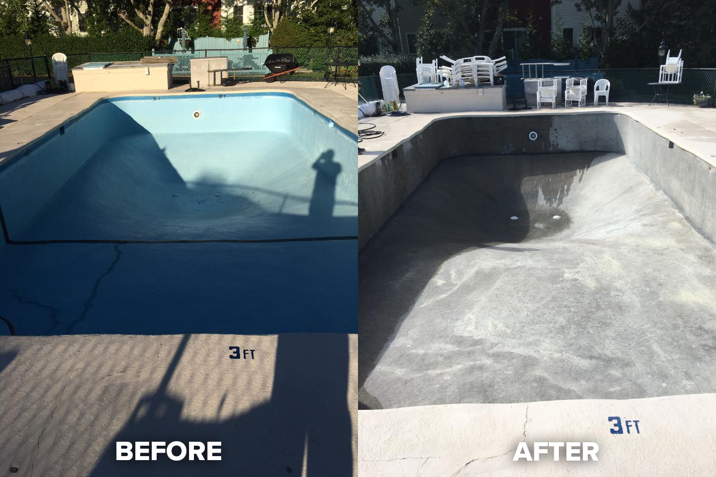 Resurfacing of a concrete pool before and after with residential sandblasting services from Central Alabama Mobile Sandblasting