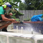 Residential sandblasting done by Central Alabama Mobile Sandblasting on a fountain of a pool to remove calcium buildup
