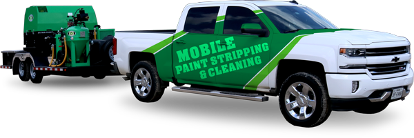 White truck with Mobile Paint Stripping and Clean written in green pulling a trailer with a dustless sandblaster on it