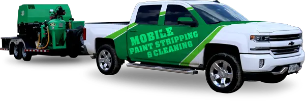 White truck with Mobile Paint Stripping and Clean written in green pulling a trailer with a dustless sandblaster on it